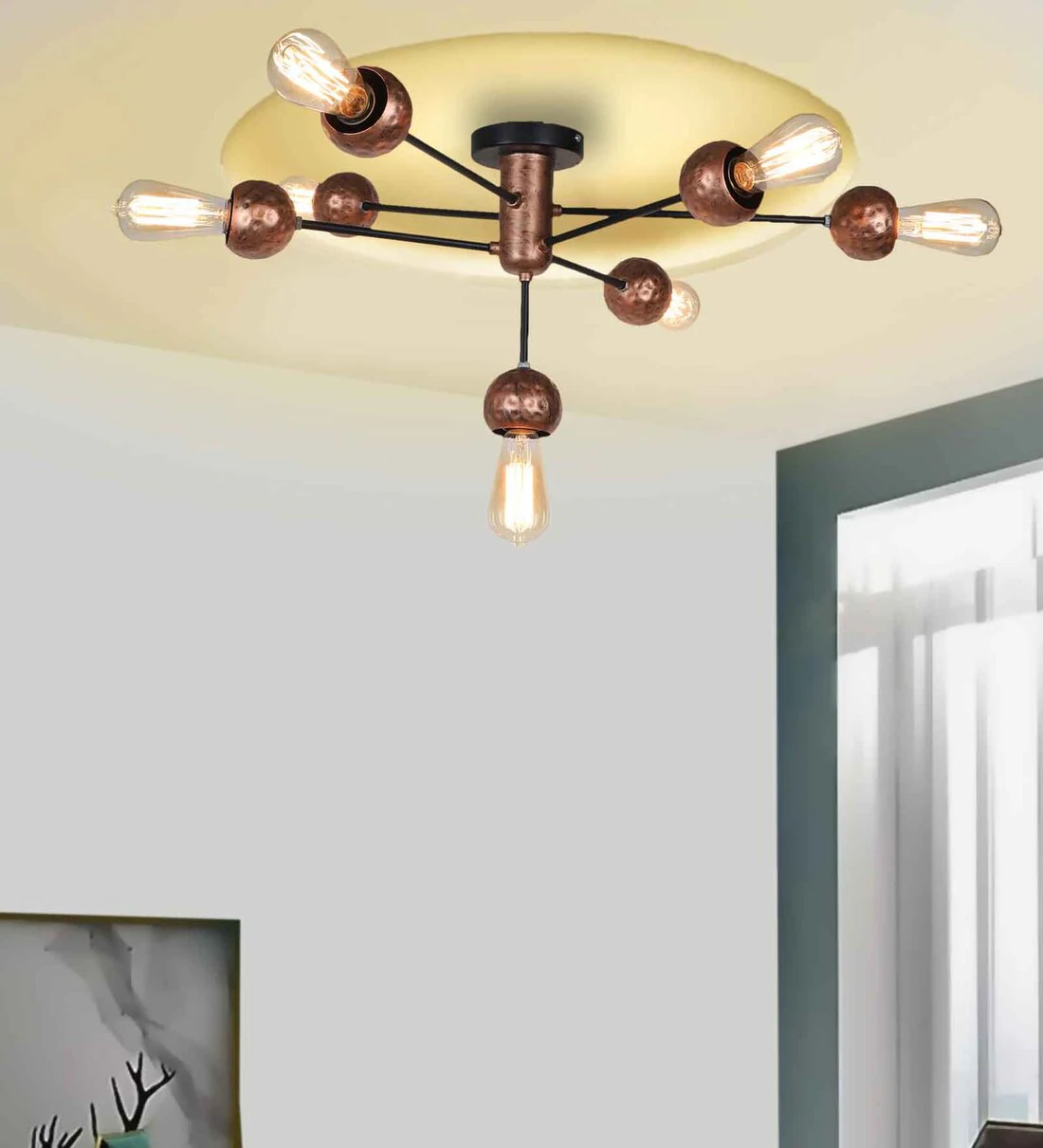 HL Home Lighting Semi-Flush Ceiling Light, Black with Copper Finish, Suitable for Upgrade, Ideal for Living Room, Bedroom, Kitchen Hallway, Hotel, B&B (6-Light Ceiling Light)