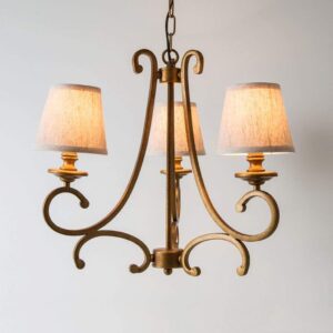 Vintage Style 3-Light Chandelier, Bronze Metal Frame with Fabric Shades, Traditional Scrollwork Design