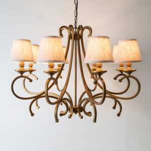 Traditional 8-Light Chandelier, Bronze Metal Frame with White Fabric Shades,  Adjustable Chain Mount