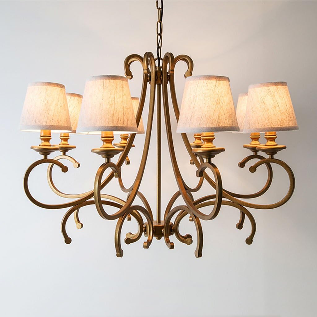 Traditional 8-Light Chandelier, Bronze Metal Frame with White Fabric Shades, Adjustable Chain Mount