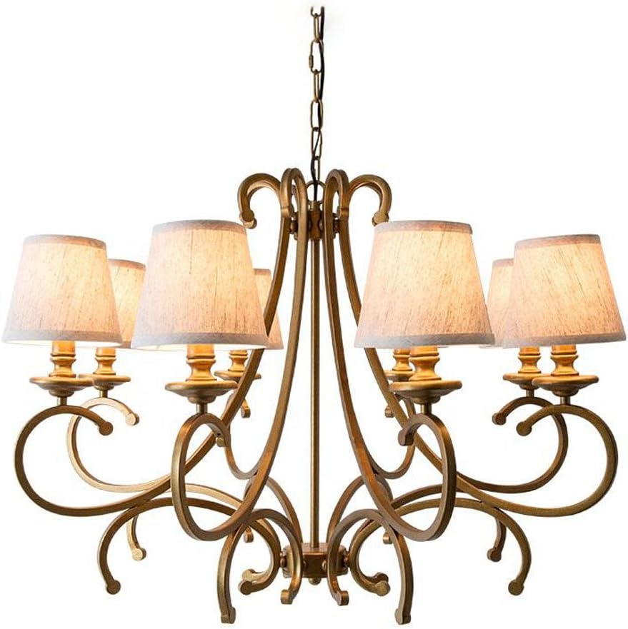 Traditional 8-Light Chandelier, Bronze Metal Frame with White Fabric Shades, Adjustable Chain Mount - Image 2