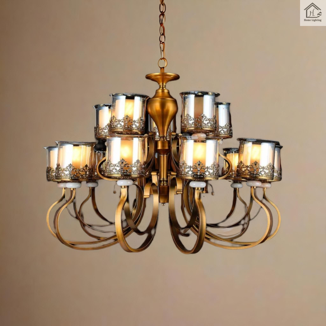 Vintage Style Chandelier, 12-Light, Bronze Gold Finish with Decorative Glass Shades, Double-Tier Design - Image 3