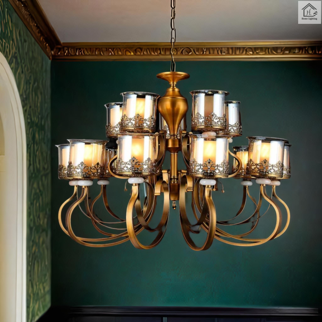 Vintage Style Chandelier, 12-Light, Bronze Gold Finish with Decorative Glass Shades, Double-Tier Design - Image 2