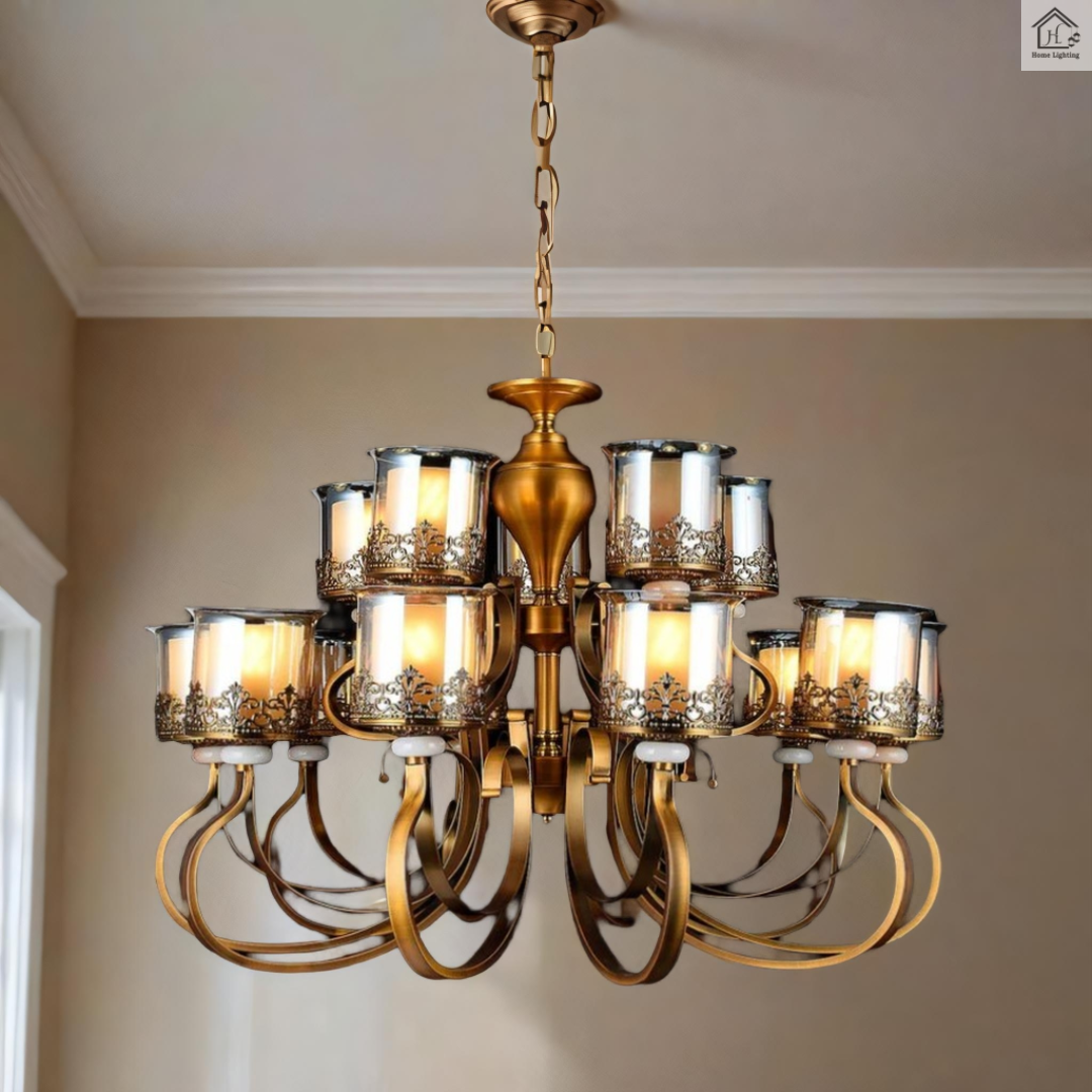 Vintage Style Chandelier, 12-Light, Bronze Gold Finish with Decorative Glass Shades, Double-Tier Design
