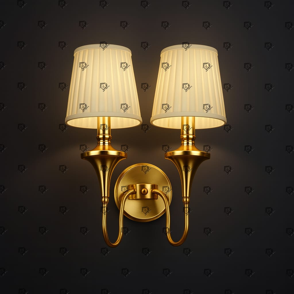 Gold Brass Wall Flash with Double Light White Fabric Shade - Image 2