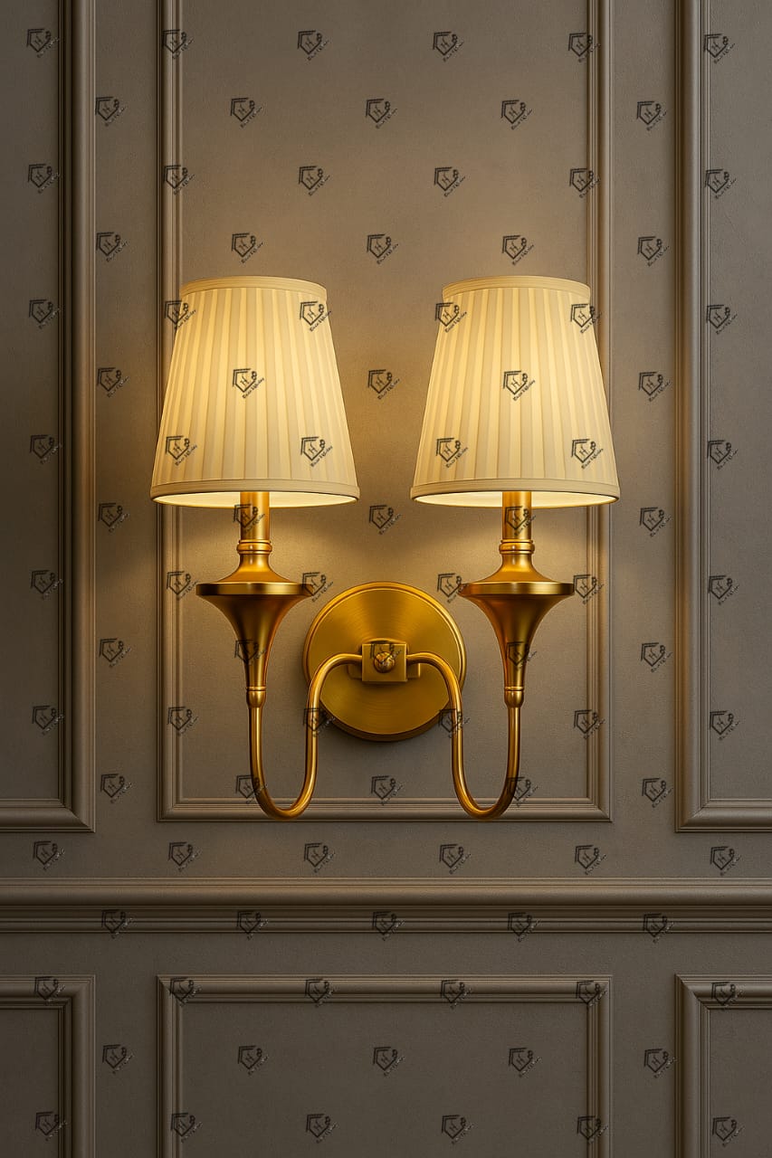 Gold Brass Wall Flash with Double Light White Fabric Shade